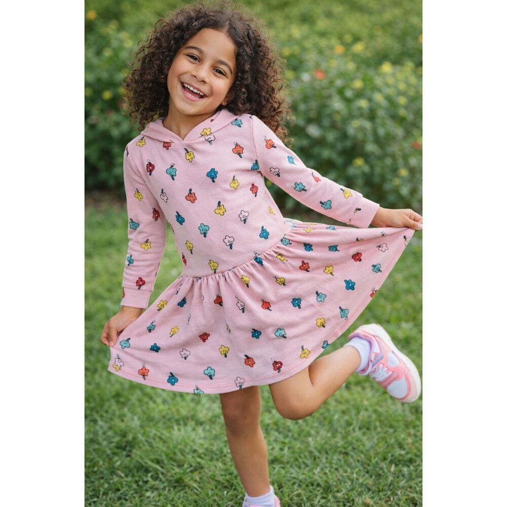 Hanna Andersson Blossom French Terry Pink Floral Print Hoodie Dress Size 8 Girl’